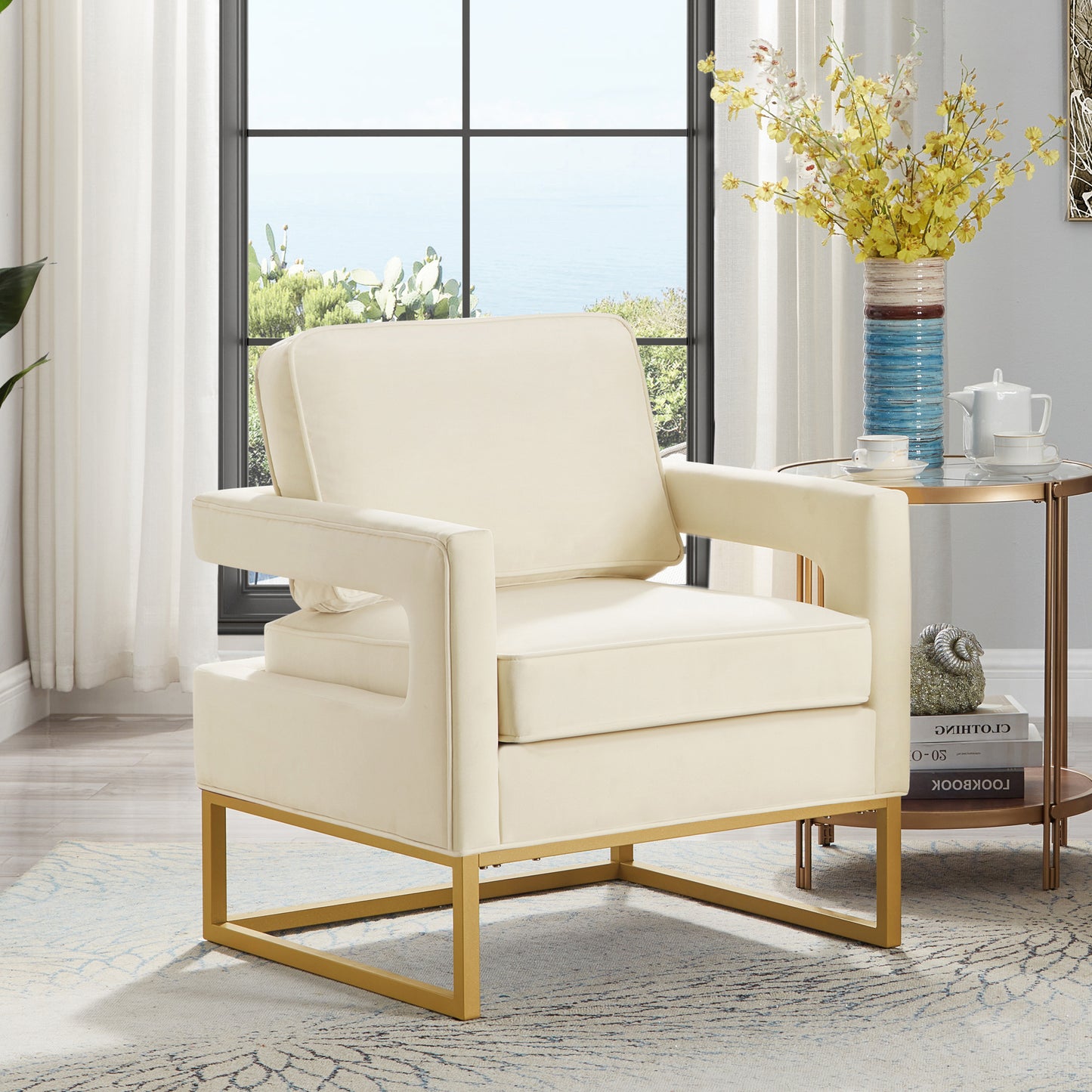 Modern Style Accent Chair with Gold Metal Base , Velvet Upholstered Leisure Chair with Open Armrest