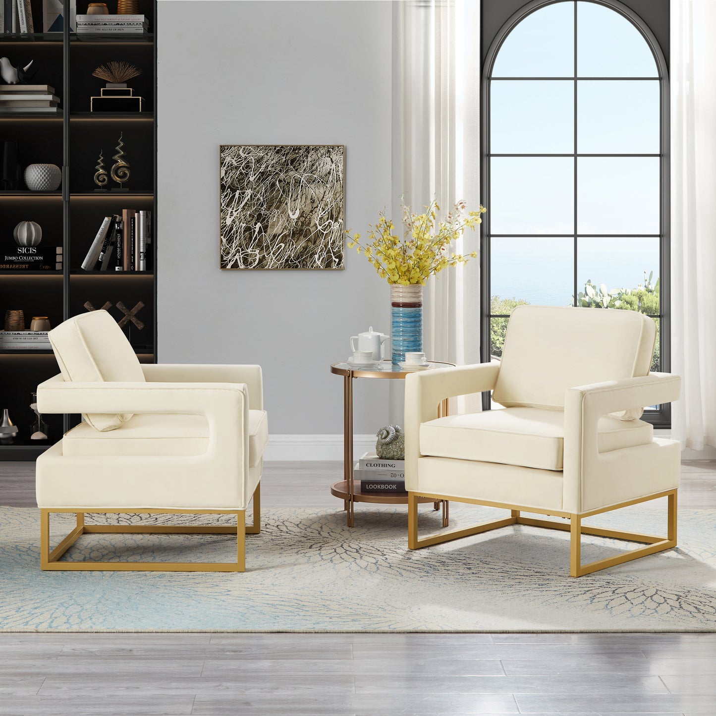 Modern Style Accent Chair with Gold Metal Base , Velvet Upholstered Leisure Chair with Open Armrest