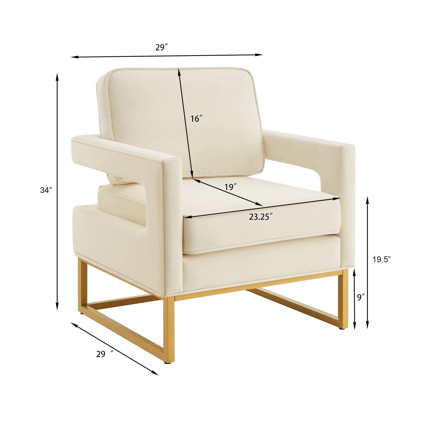 Modern Style Accent Chair with Gold Metal Base , Velvet Upholstered Leisure Chair with Open Armrest