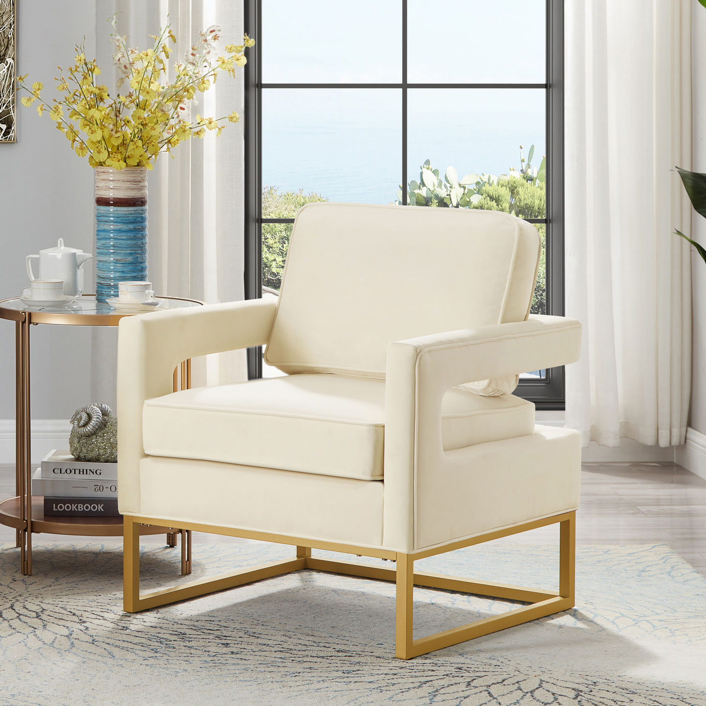 Modern Style Accent Chair with Gold Metal Base , Velvet Upholstered Leisure Chair with Open Armrest