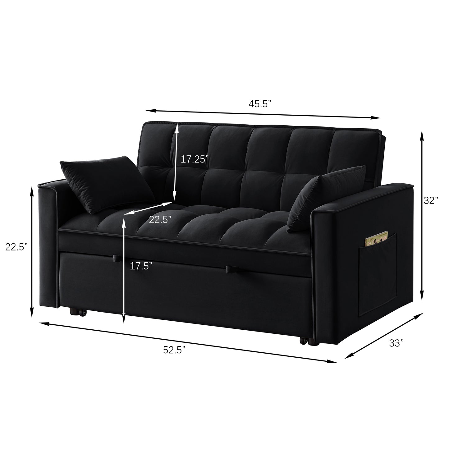 4 in1 Loveseat Sofa Bed with Armrests & Storage Pockets, Multi-Function Tufted Pull-out Sofa Bed with Adjustable Backrest and Pillows