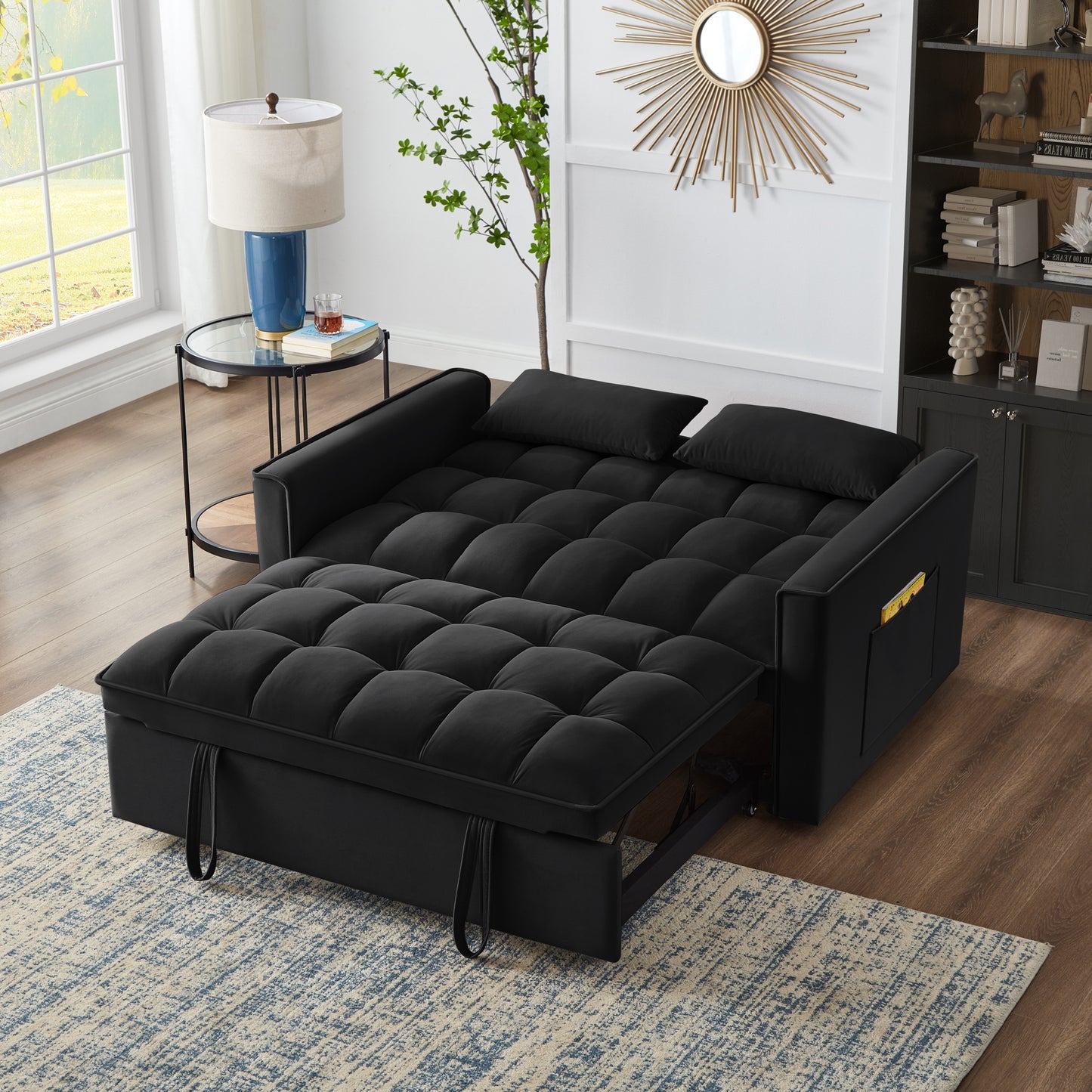 4 in1 Loveseat Sofa Bed with Armrests & Storage Pockets, Multi-Function Tufted Pull-out Sofa Bed with Adjustable Backrest and Pillows