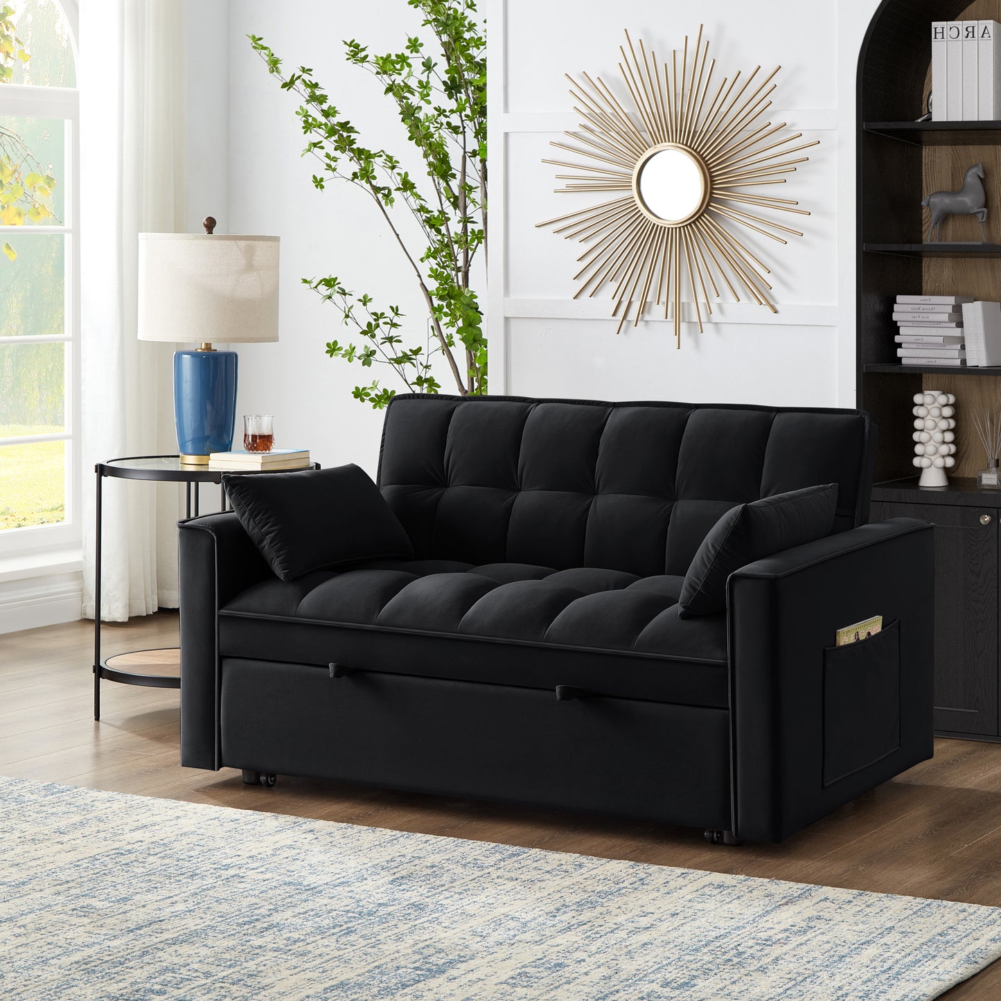 4 in1 Loveseat Sofa Bed with Armrests & Storage Pockets, Multi-Function Tufted Pull-out Sofa Bed with Adjustable Backrest and Pillows