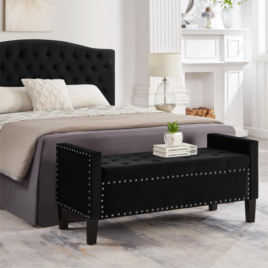 Upholstered Tufted Button Storage Bench with nails trim,Entryway Living Room Soft Padded Seat with Armrest,Bed Bench-Black