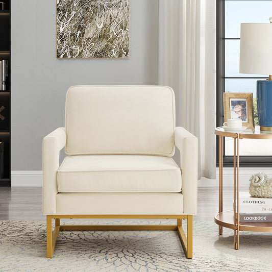 Modern Style Accent Chair with Gold Metal Base , Velvet Upholstered Leisure Chair with Open Armrest