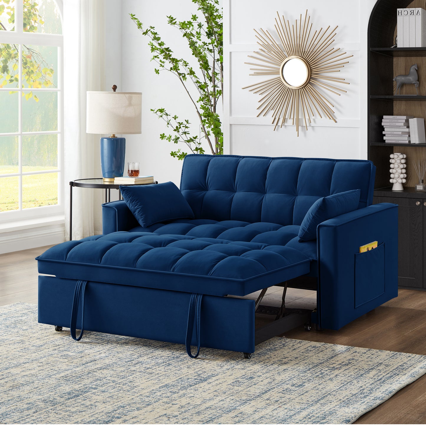 4 in1 Loveseat Sofa Bed with Armrests & Storage Pockets, Multi-Function Tufted Pull-out Sofa Bed with Adjustable Backrest and Pillows