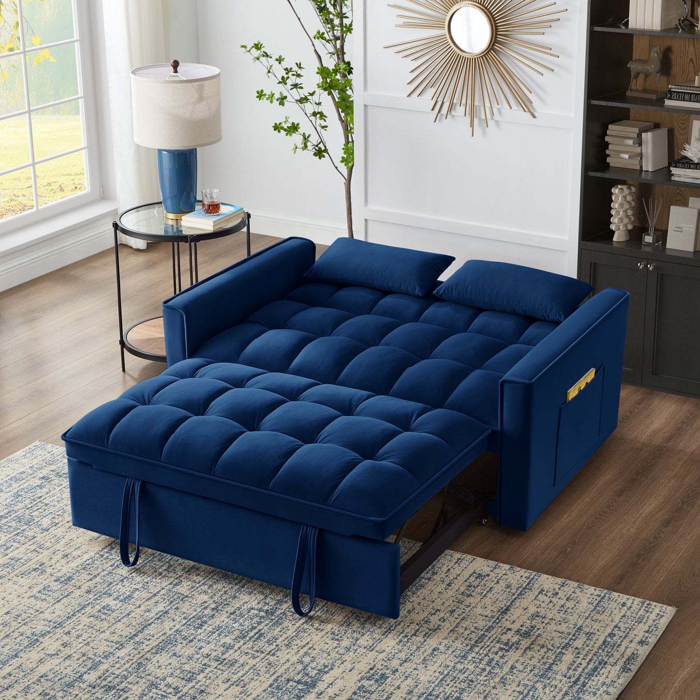 4 in1 Loveseat Sofa Bed with Armrests & Storage Pockets, Multi-Function Tufted Pull-out Sofa Bed with Adjustable Backrest and Pillows